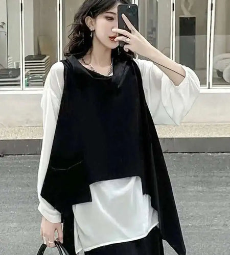 Women Black Irregular Big Size T-shirt New Round Neck Long Sleeve Two Pieces Fashion Tide Spring Autumn 2025 1DF5985