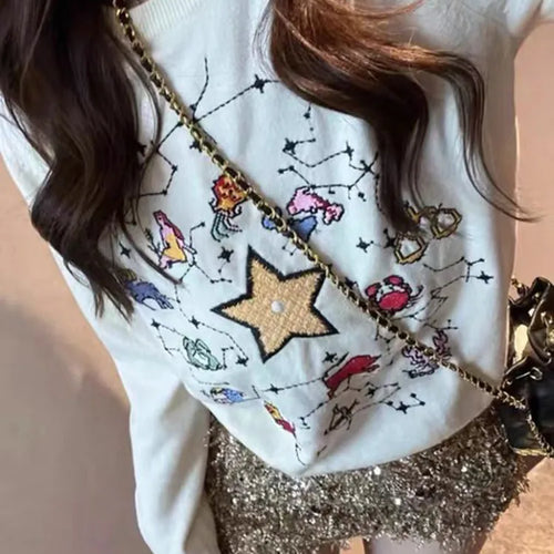 Load image into Gallery viewer, Embroidered Star Women&#39;s Sweater Autumn Winter O-neck Japanese Fashion Pullover Slim Knitted Long-sleeved Tops C-073
