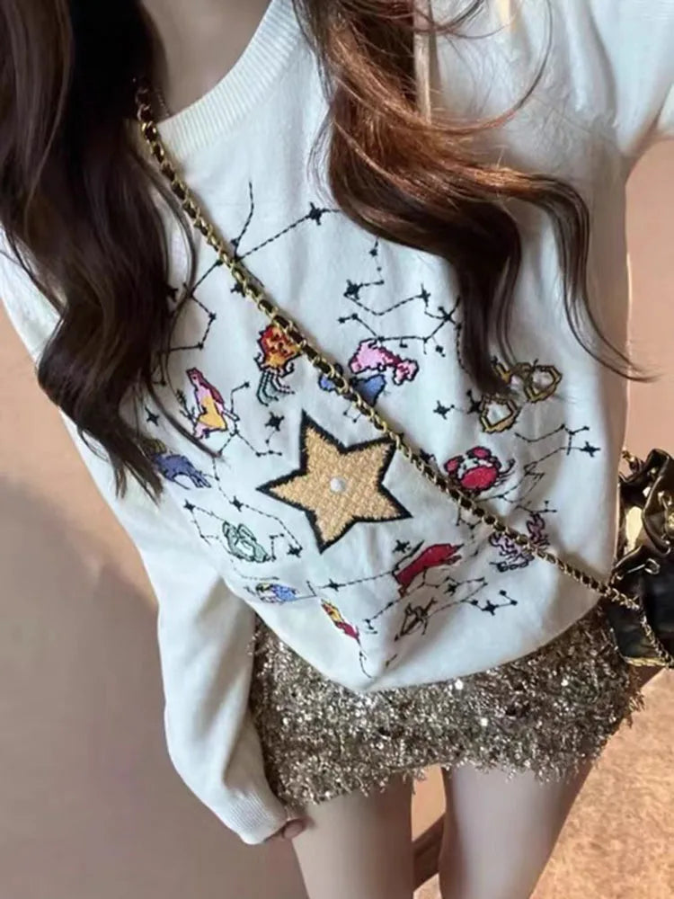 Embroidered Star Women's Sweater Autumn Winter O-neck Japanese Fashion Pullover Slim Knitted Long-sleeved Tops C-073