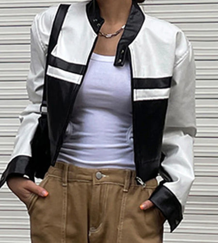 Streetwear Chic Autumn Winter PU Leather Jacket Women Zipper Coat Black White Patchwork Motorcycle Jacket Y2K Outwear