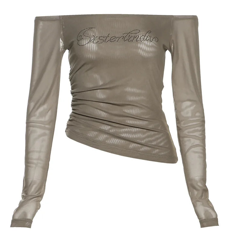 Vintage Slash Neck Diamond Letter Tshirts Streetwear Gauze Slim Fairy Tees Women Y2k Aesthetic Irregular Grunge T-shirts Sexy