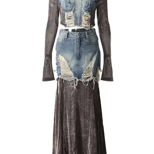 Load image into Gallery viewer, Velvet Denim T-shirt Half-body Skirt Two Pieces Suit New Slash Neck Long Sleeve Women Fashion Spring Autumn 2025 7AB6039
