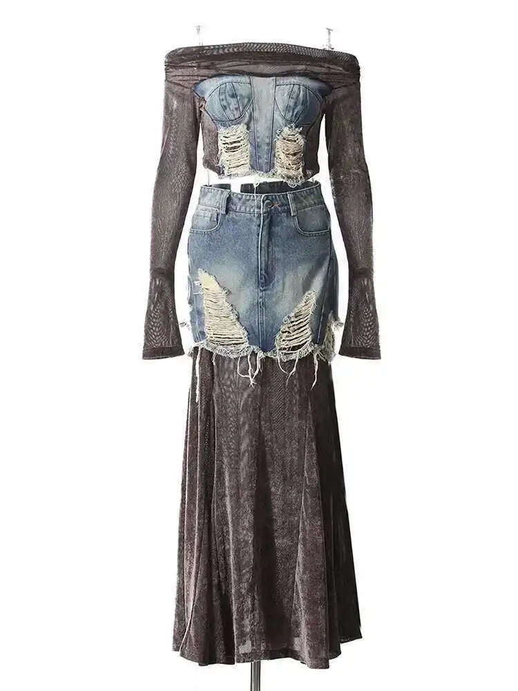 Velvet Denim T-shirt Half-body Skirt Two Pieces Suit New Slash Neck Long Sleeve Women Fashion Spring Autumn 2025 7AB6039