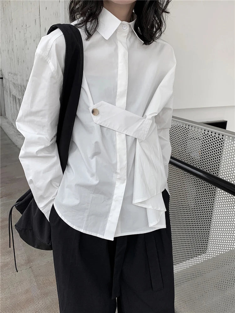 Women Black Irregular Button Big Size Casual Blouse New Lapel Long Sleeve Shirt Fashion Tide Spring Autumn 2025 1DJ1667