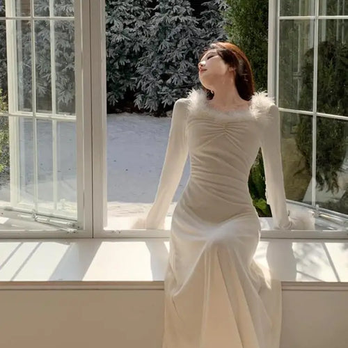 Load image into Gallery viewer, Vintage 2024 Autumn Winter White Elegant Party Dress Korean Fashion Woman Long Sleeve Hairy Square Neck Pleated Dress Slim Trend
