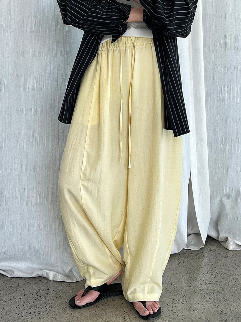 High Elastic Waist Yellow Drawstring Thin Wide Leg Pants New Trousers Women Fashion Tide Spring Autumn 2025 1DJ1547