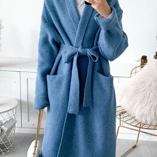 Load image into Gallery viewer, Black Belted Big Size Long Knitting Cardigan Sweater V-Neck Long Sleeve Women New Fashion Tide Spring Autumn 2025 1DH6446
