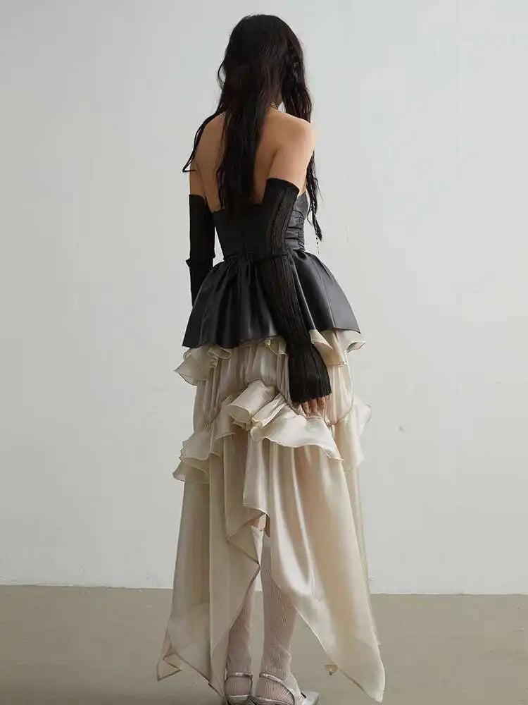 High Elastic Waist Champagne Glossy Irregular Ruffles Elegant Skirt Women Fashion Tide New Spring Autumn 2025 1DH2124