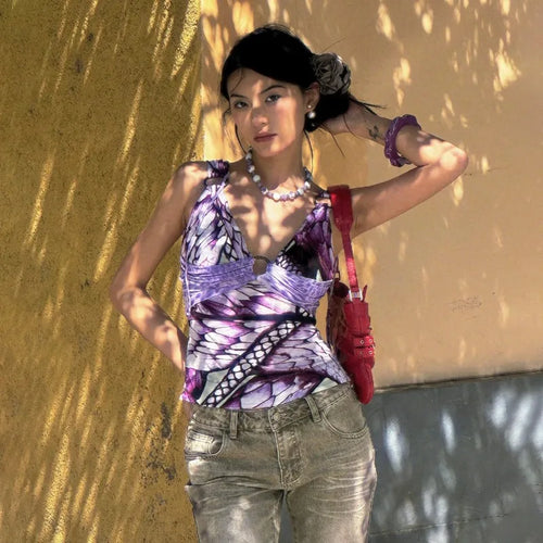 Load image into Gallery viewer, Japanese Y2k Purple Camisole Trashy 2000s V-neck Tank Top Grunge Aesthetics Backless Crop Top Vintage Harajuku Camis Top
