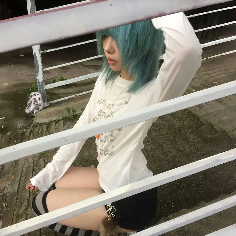 Japanese Y2k Letter Print T-shirt Trashy 2000s Style Long Sleeve T Shirt Vintage Harajuku Distressed Tops American Retro