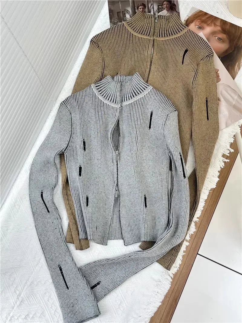 Vintage Zipper Cardigan Women Y2k Aesthetic Grunge Sweater Jackets Female Harajuku Slim Knitted Coats Femme C-246