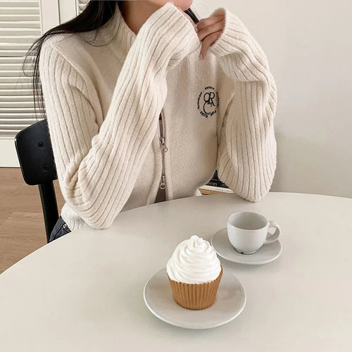 Load image into Gallery viewer, Korean Fashion Letter Turtleneck Cardigan for Women Zip Up Knitted Sweater Cropped Slim Cute Knitwear Jacket Outfits
