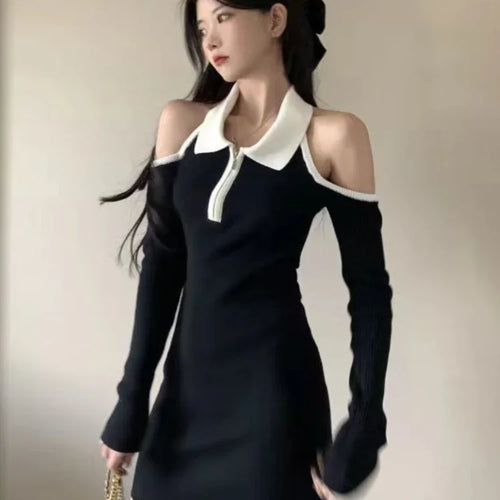 Load image into Gallery viewer, Sexy Bodycon Black Halter Dress Women Y2k Off Shoulder Backless Wrap Slim Short Dresses Fashion Patchwork Korean Kpop
