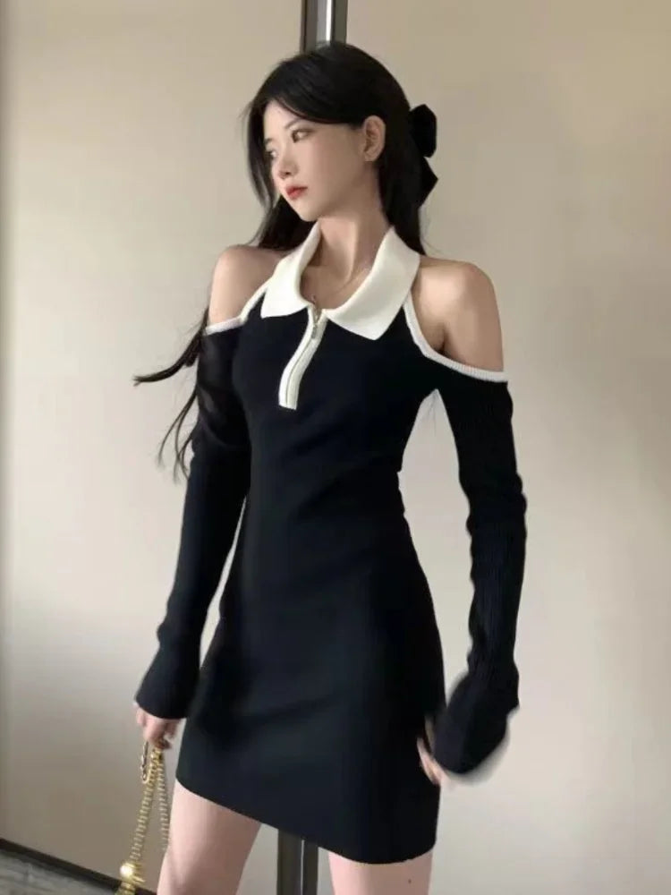 Sexy Bodycon Black Halter Dress Women Y2k Off Shoulder Backless Wrap Slim Short Dresses Fashion Patchwork Korean Kpop