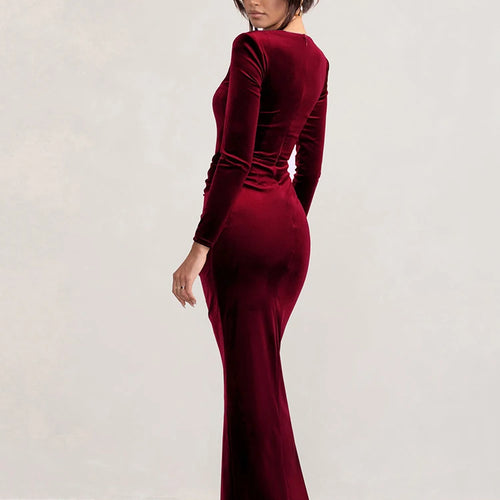 Load image into Gallery viewer, Square Collar Long Sleeve Sexy Maxi Dress For Women Velvet Fashion Ruched Split Bodycon Club Party Elegant Long Dress
