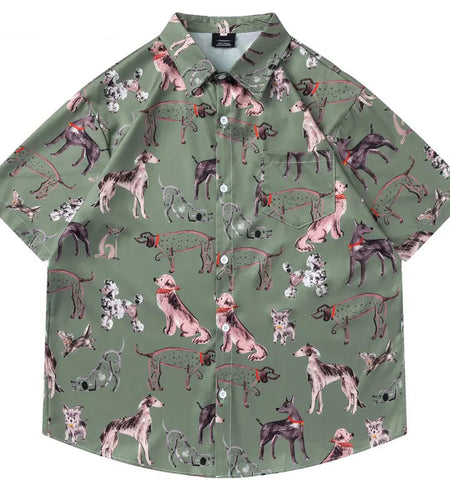 Harajuku Hawaiian Shirts Graffiti Cartoon Dog Graphic Printed Summer Beach Blouse Men Hip Hop Baggy Button Up Short Sleeve Tops