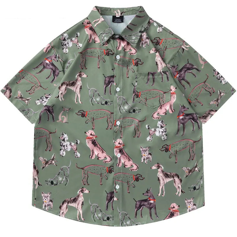Harajuku Hawaiian Shirts Graffiti Cartoon Dog Graphic Printed Summer Beach Blouse Men Hip Hop Baggy Button Up Short Sleeve Tops