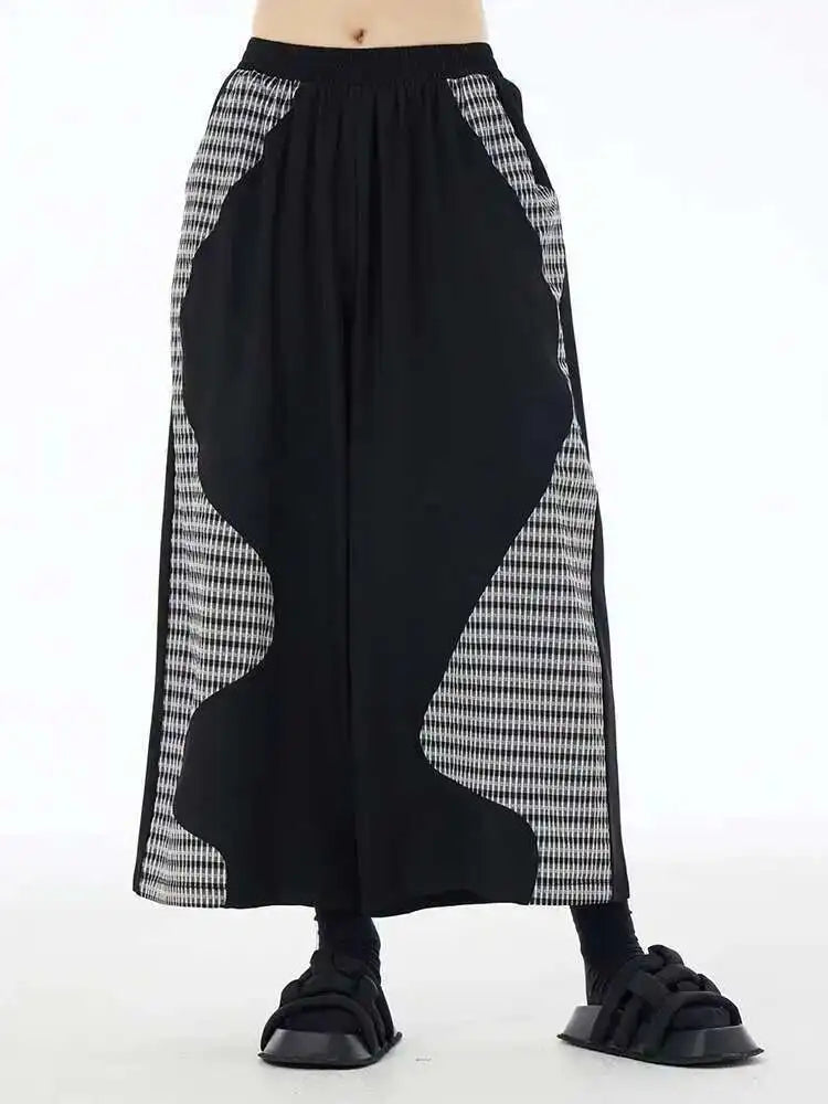 High Elastic Waist Black Plaid Color-block Long Wide Leg Pants New Trousers Women Fashion Tide Spring Autumn 2025 1DH6076