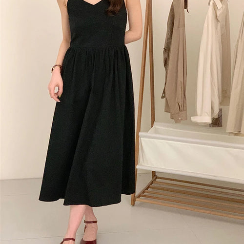 Load image into Gallery viewer, Summer Black Spaghetti Strap Women&#39;s Dresses French Style Backless Ruffles Sleeveless V-neck Solid Color Female Dresses
