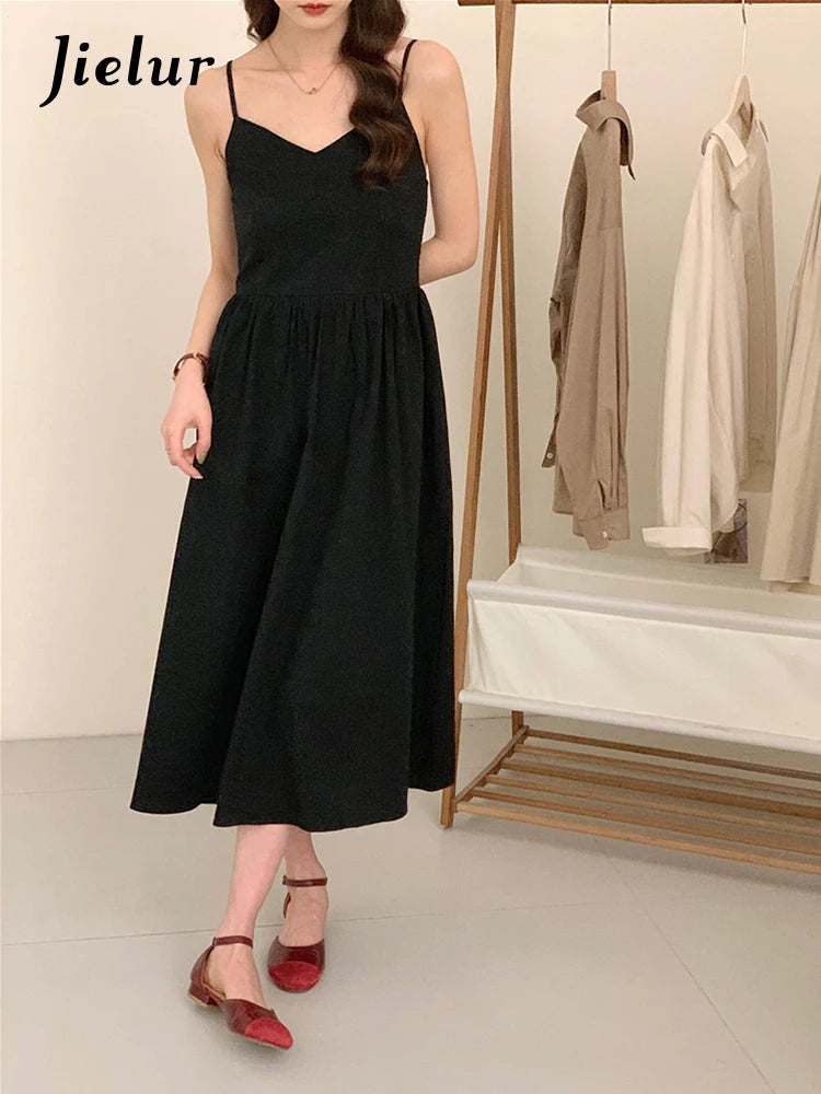 Summer Black Spaghetti Strap Women's Dresses French Style Backless Ruffles Sleeveless V-neck Solid Color Female Dresses