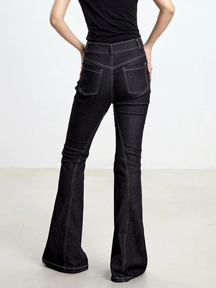 Solid Slimming Casual Denim Pants For Women High Waist Spliced Button Minimalist Temperament Flare Jeans Female