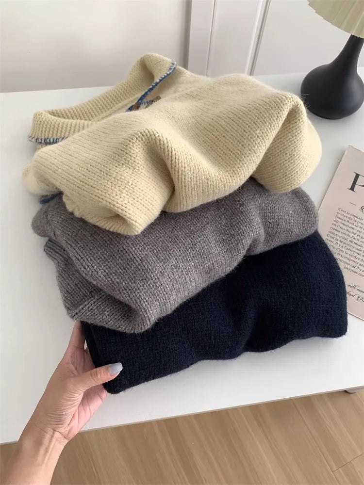 Korean Fashion 2024 New Solid Versatile Short Crochet Knitted Sweater Women Autumn Winter Long Sleeve Pullover Tops Streetwear