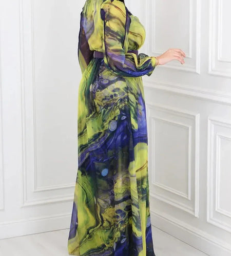 Printing Spliced Appliques Fashion Dresses for Women V Neck Long Sleeves Patchwork Folds Dress Female Clothing New