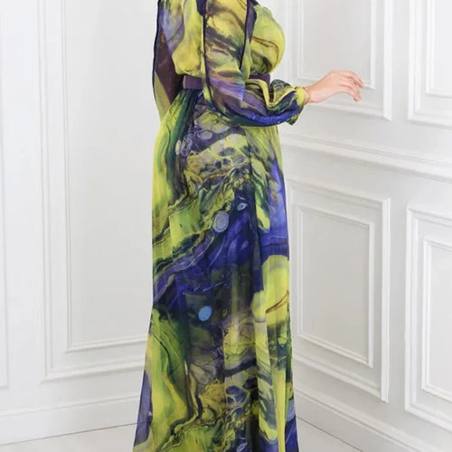 Load image into Gallery viewer, Printing Spliced Appliques Fashion Dresses for Women V Neck Long Sleeves Patchwork Folds Dress Female Clothing New
