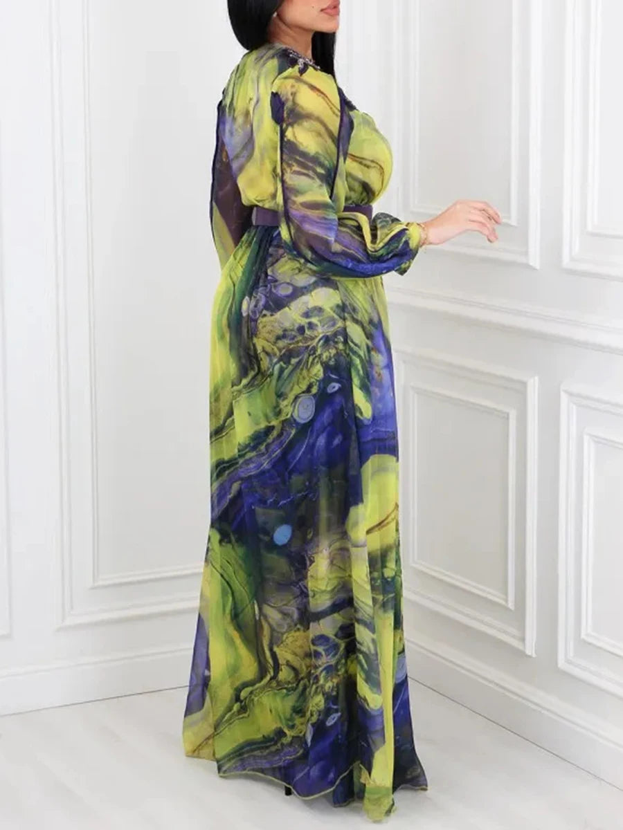 Printing Spliced Appliques Fashion Dresses for Women V Neck Long Sleeves Patchwork Folds Dress Female Clothing New