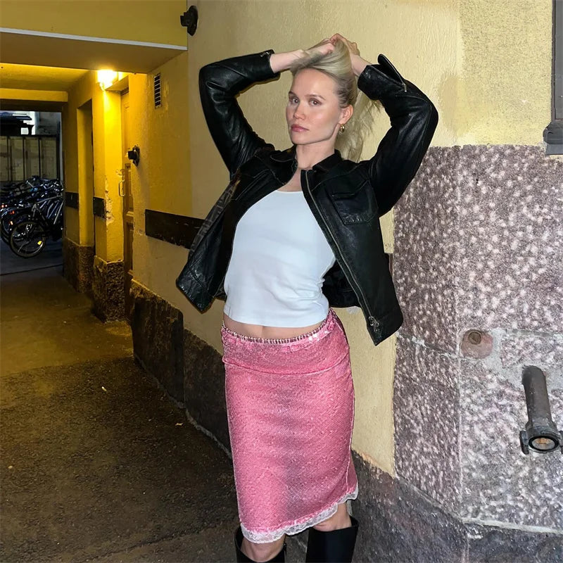 Sequin Summer Beach Sexy Skirt Women Elegant Sparkle High Waist A-line Skirts Female Pink Vacation Club Party Skirt