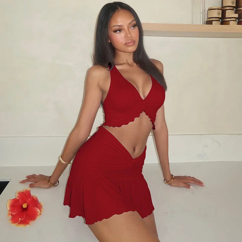 Ruffle Sexy Skirt Two Piece Sets Women Halter Lace-up Crop Top And Mini Skirt Female Beach Club Party 2 Piece Set