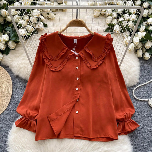 Load image into Gallery viewer, Autumn 2024 Vintage Women Sweet Solid Ruffles Shirts Fashion Ladies Long Sleeves Blouses Chic Single Breasted Tops Clothes Chic

