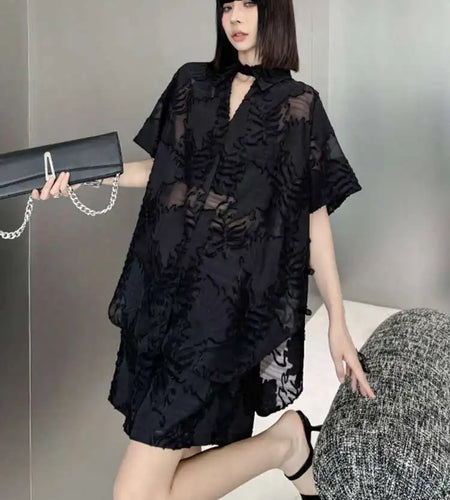 Black Jacquard Shirt Wide Leg Shorts Two Piece Suit New Lapel Short Sleeve Women Fashion Tide Spring Summer 2025 1DH5817