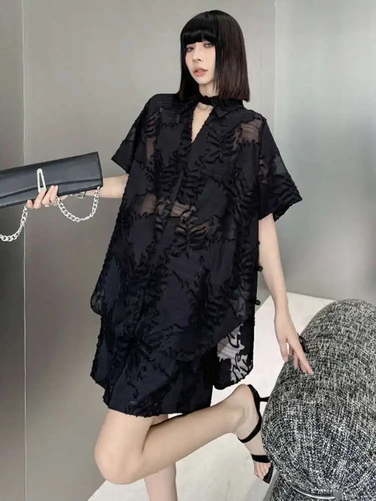 Black Jacquard Shirt Wide Leg Shorts Two Piece Suit New Lapel Short Sleeve Women Fashion Tide Spring Summer 2025 1DH5817