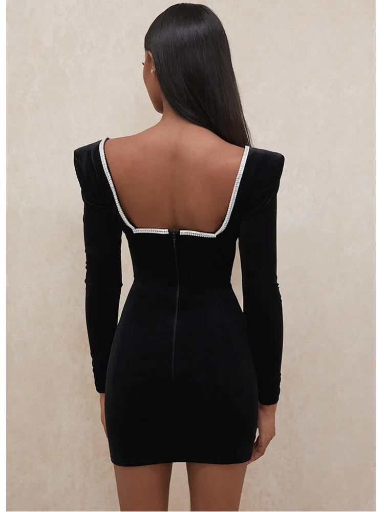 Sexy Deep V Wrapped Hip Velvet Backless Women's Dress Long Sleeve High Waist Temperament Mini Dress  Party Club Clothing