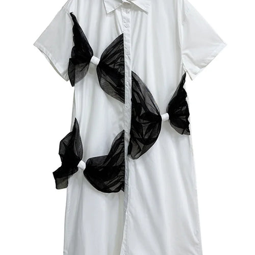 Load image into Gallery viewer, Women White Mesh Bow Color-block Big Size Shirt Dress New Lapel Short Sleeve Fashion Tide Spring Summer 2025 1DJ0048
