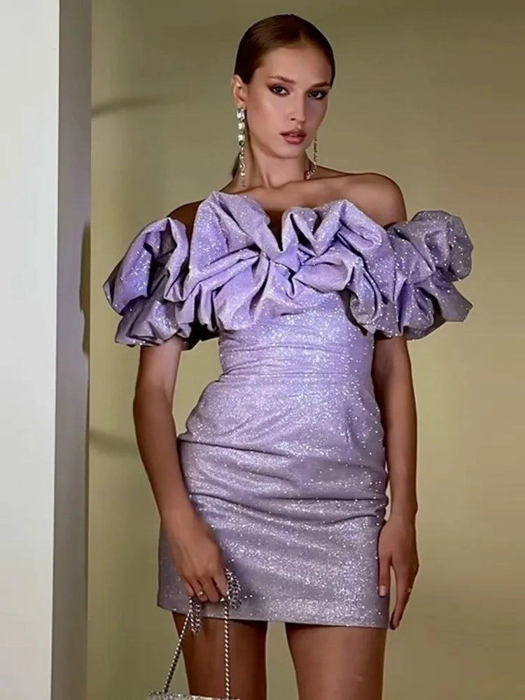 Sexy Off- Shoulder Sleeveless Sparkling Strapless Mini Dress Women Solid Fashion High Waist Birthday Party Dress New