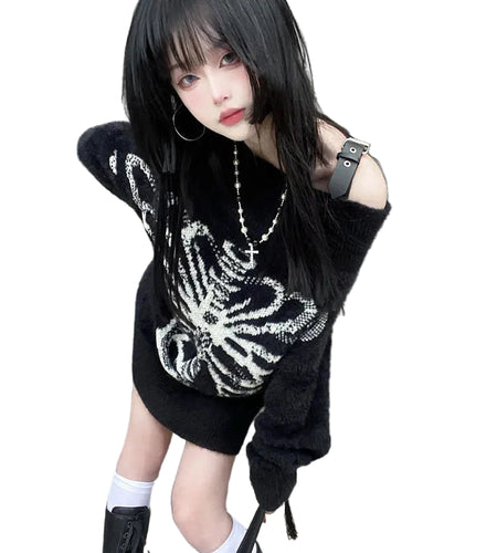 Grunge Sweater Fashion Streetwear Y2k Aesthetic Blackpullover Skull Print Gothc Women Jumper Harajuku Loose Knitwear