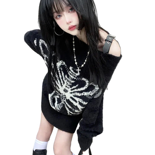 Load image into Gallery viewer, Grunge Sweater Fashion Streetwear Y2k Aesthetic Blackpullover Skull Print Gothc Women Jumper Harajuku Loose Knitwear
