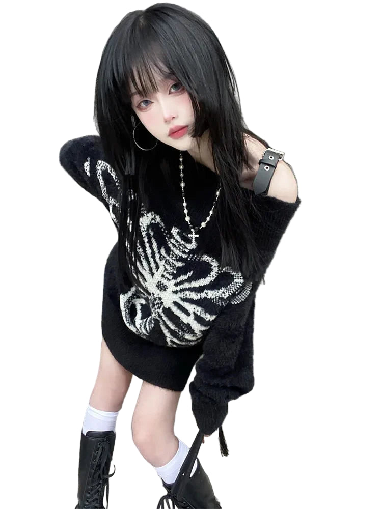 Grunge Sweater Fashion Streetwear Y2k Aesthetic Blackpullover Skull Print Gothc Women Jumper Harajuku Loose Knitwear