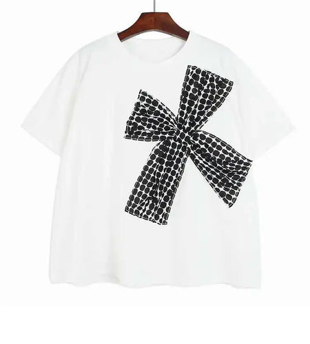 Women Black Plaid Bow Big Size Casual T-shirt New Round Neck Short Sleeve Fashion Tide Spring Summer 2025 1DE9057