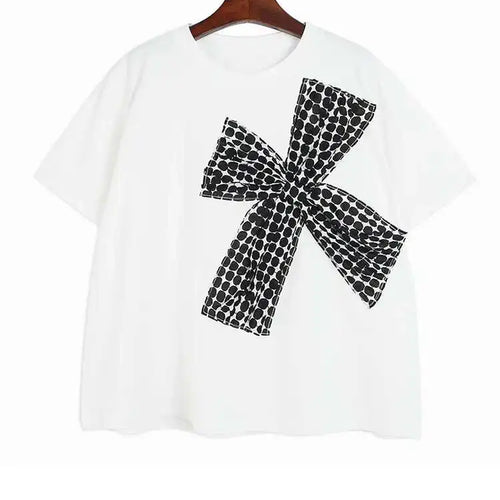 Load image into Gallery viewer, Women Black Plaid Bow Big Size Casual T-shirt New Round Neck Short Sleeve Fashion Tide Spring Summer 2025 1DE9057
