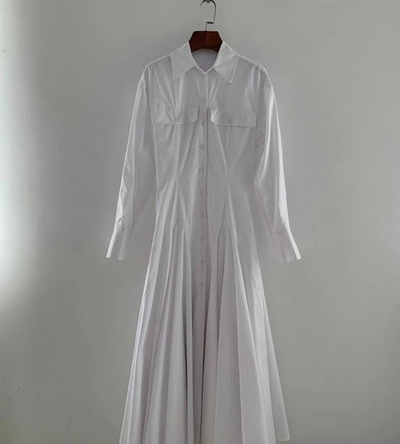 Solid Spliced Button Slimming Dresses For Women Lapel Long Sleeve High Waist Temperament Dress Female Fashion New