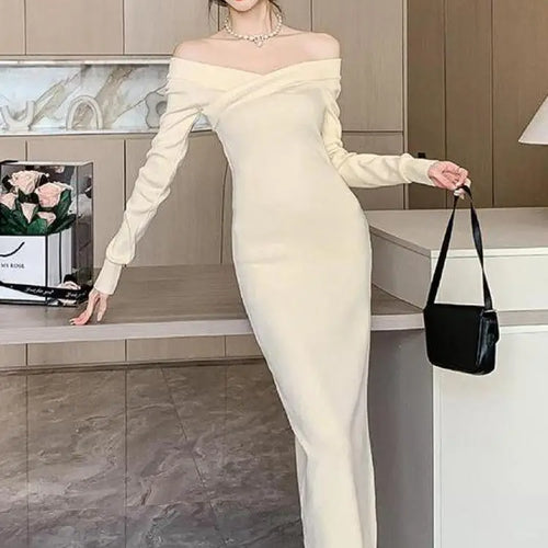 Load image into Gallery viewer, Beige Knit Sweater Dress Women Autumn Winter Black V-neck Slim Long Dresses Female Red High Waist Elegant Evening Party Dress
