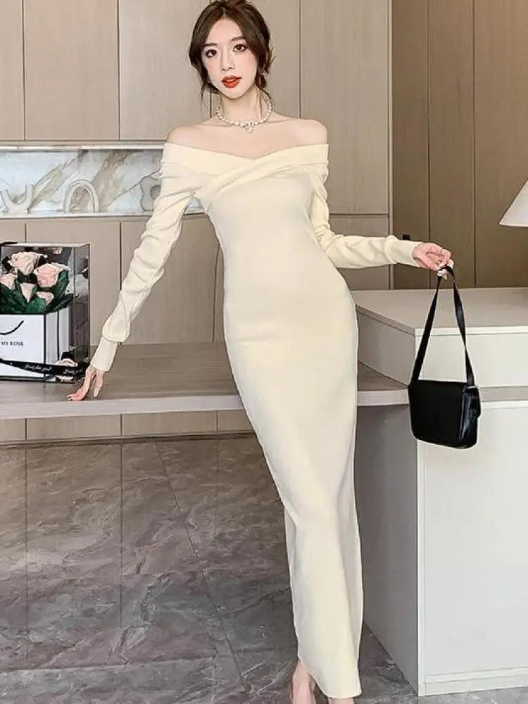 Beige Knit Sweater Dress Women Autumn Winter Black V-neck Slim Long Dresses Female Red High Waist Elegant Evening Party Dress