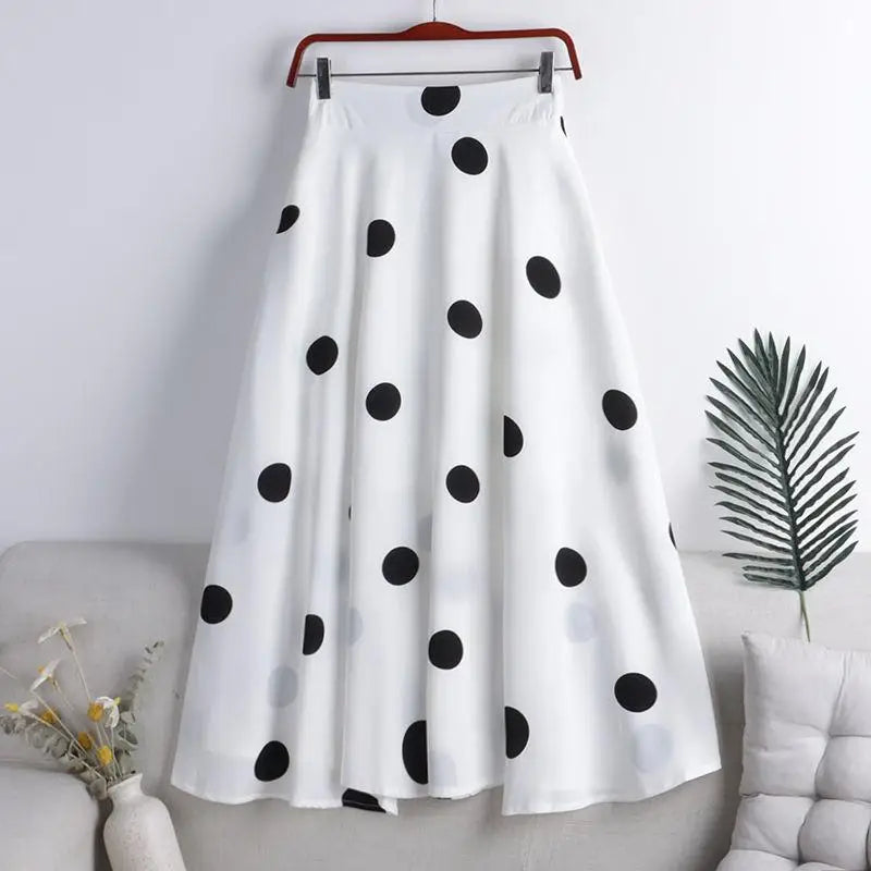 Chiffon Print Dot Skirts Womens High Waist All-match Summer Medium Long  A-line Skirt Female Office Lady Pleated Skirt Elegant