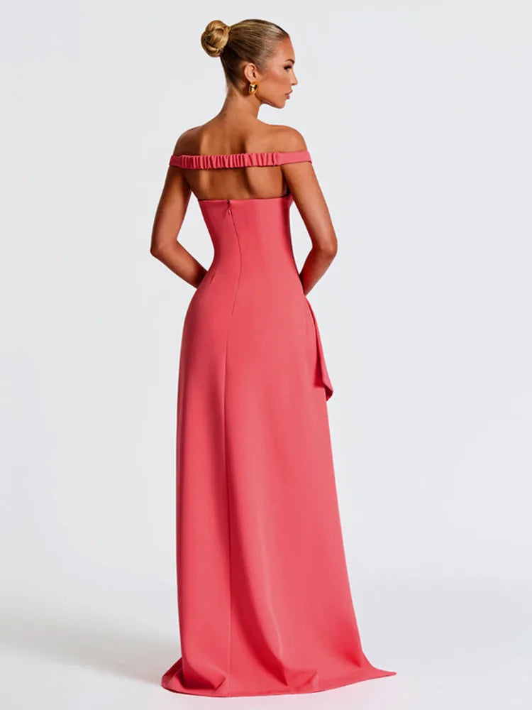 Off-shoulder Backless Split Sexy Maxi Dress Women Gown Pink Summer New Zipper Strapless Evening Club Party Long Dress