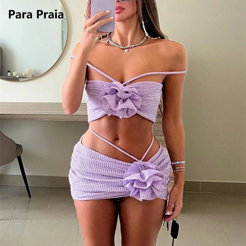 Load image into Gallery viewer, Sexy 3D Floral Three Piece Bikini Set with Skirt 2025 Halter Swimwear Women Flower Swimsuit Biquini Beachwear
