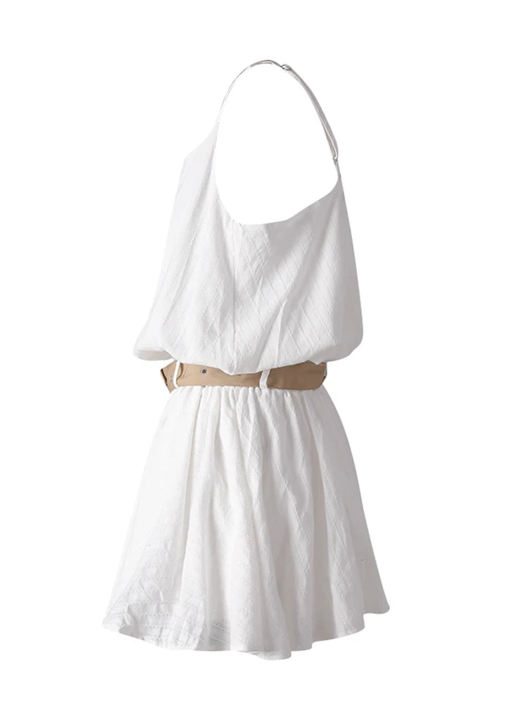 Women White Belted Elegant Spaghetti Strap Mini Dress New Round Neck Sleeveless Fashion Tide Spring Summer 2025 CPG3145