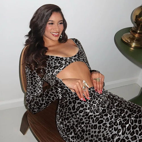 Load image into Gallery viewer, Leopard Print Long Sleeve Sexy Maxi Dress For Women Fashion Hollow Out Bodycon Printed Sexy Long Dress Elegant
